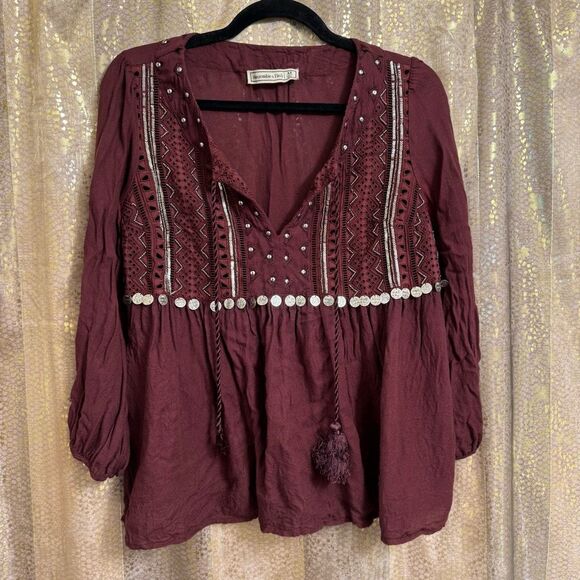 Vintage 00's Abercrombie & Fitch Maroon Beaded Boho Coin Tassel Top Flawed Mediu - Picture 1 of 11